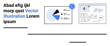 Finansal ikonlu pasta tablosu ve analitik ve grafiklerle dolu ayrıntılı gösterge tablosu. Finans, analitik, iş, teknoloji, yatırım, strateji, basit iniş sayfası için ideal