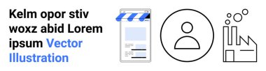Mobil vitrin, güneşlik, daire şeklinde kullanıcı avatarı ve soyut fabrika. İş, e-ticaret, endüstri, kişiselleştirme, kullanıcı arayüzü, teknoloji ve basit iniş sayfası için ideal