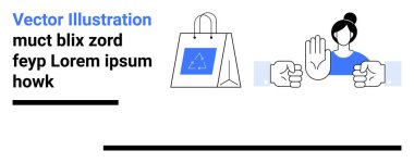 Yanında satış ikonu olan alışveriş torbası el hareketini durduruyor. Perakende etik, e-ticaret yönergeleri, satın alma güvenliği, tüketici hakları, dolandırıcılıkla mücadele kampanyaları, iş politikaları için ideal