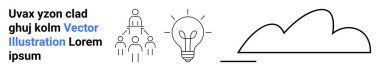 Bir grup birey, bir fikir olarak parlayan ampul ve yükselen çizgi çizimleri. Beyin fırtınası, takım çalışması, liderlik, yenilik, büyüme, başarı ve basit bir iniş sayfası için ideal