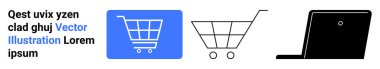 Dijital alışveriş arabası grafiği, çizilmiş el arabası ve dizüstü bilgisayar ekranı. Çevrimiçi alışveriş, e-ticaret, pazarlama, teknoloji, perakende satış, tüketici davranışı için ideal basit iniş sayfası