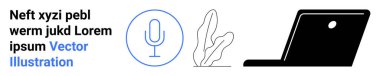 Mikrofon simgesi, soyut bitki çizgisi sanatı ve dizüstü bilgisayar aç. Teknoloji, podcast, minimalizm, üretkenlik, uzaktan çalışma, tasarım için ideal basit iniş sayfası