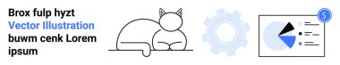 Minimalist kedi çizgisi, vites simgesi ve dolar işaretli analitik grafik paneli. Teknoloji, finans, web tasarımı, iş stratejisi, eğitim, yaratıcılık için ideal basit iniş sayfası