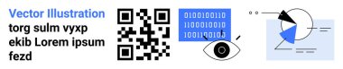 İkili kodlu QR kodu, detaylı göz, veri grafikleri ve soyut geometrik şekiller. Modern teknoloji, analitik, yapay zeka, yenilik, kodlama tasarımı ve basit iniş sayfası için ideal