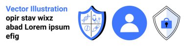 Sembollü mavi tıbbi kalkan, jenerik kullanıcı simgesi ve kilitli güvenli kalkan. Sağlık hizmetleri, veri gizliliği, sağlık hizmetleri, internet profilleri, siber güvenlik, koruma sabitleme sayfası için ideal
