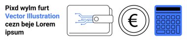 Devre tasarımı teknolojiyi, Avro para birimi simgesini ve bütçe ve mali hesaplamalar için hesap makinesini simgeleyen dijital cüzdan. Fintech, dijital ödeme, kripto para birimi, muhasebe için ideal