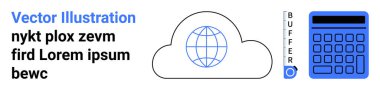 Bir bulut simgesinin içindeki dünya, dikey ölçü göstergesi okuyucu tamponu ve dijital hesap makinesi. Teknoloji, veri depolama, yazılım geliştirme, bulut hesaplama, analitik, izleme ve basit için ideal