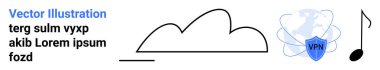 Bulut deposu, VPN logosu ve notalı güvenlik kalkanı. Veri güvenliği, VPN hizmeti, bulut bilgisayarı, multimedya, siber güvenlik, dijital depolama sade iniş sayfası için ideal