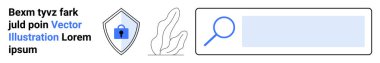 Kilit sembollü kalkan, soyut bitki tasarımı, büyüteçli arama çubuğu. Güvenlik, teknoloji, çevrimiçi koruma, mahremiyet, veri güvenliği için ideal UI tasarımı düz iniş sayfası afişi