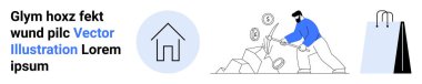 Kayalara çekiç, yakınlarda bozuk para, basit ev sembolü ve alışveriş çantası kullanan bir işçi. Ekonomi, iş gücü, tasarruf, harcama, finansal okur yazarlık için ideal basit bir iniş sayfası