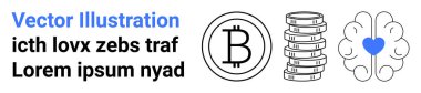 Bitcoin sembolü, bozuk para yığını, ve kalp vurgusu yeniliği, dijital finans, zihinsel sağIık. Kripto para birimi, fintech, akıl sağlığı, engelleme teknolojisi için ideal basit