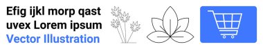 Buğday sapları, nilüfer yaprağı, mavi alışveriş arabası kutusu. Sağlık, perakende, sağlık, sürdürülebilirlik tarım dengesi ve basit iniş sayfası için idealdir. Çizgi benzetmesi. Basit satır simgeleri