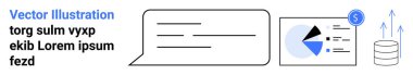 Konuşma balonunda metin, dolar simgesi, veri akışı ve büyüme ikonu içeren pasta grafiği. İletişim için ideal, finans, analitik, içgörü, ilerleme, strateji basit iniş sayfası