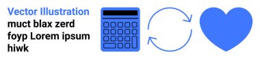 Hesap makinesi, döner oklar ve minimalist mavi bir kalp. Finans, iş akışı, takım çalışması, hayır kurumu, planlama, yönetim için ideal basit iniş sayfası