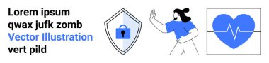 Kilit sembollü kalkan, kalp atışı çizgili kalp, insan etkileşimi. Siber güvenlik, sağlık, fitness, teknoloji, veri koruması için ideal, çevrimiçi mahremiyet düz iniş sayfası afişi