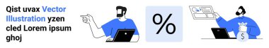 Dizüstü bilgisayardaki profesyonel analiz verileri, yüzde sembolleri ve para çantası ve kimlik taşıyan iş adamları. Finans, bütçe, planlama, yatırım, istatistik, bankacılık sahanlığı için ideal