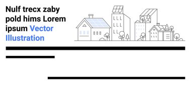 Güneş panelleri, yeşil enerji sistemleri, ağaçlar ve temiz mimari ile donatılmış modern evler. Yenilenebilir enerji, eko-yaşam, kentsel planlama, sürdürülebilirlik, yenilik mimarisi için ideal