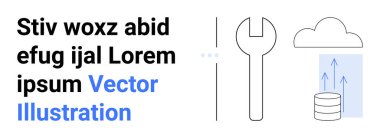 Teknik desteği temsil eden ingiliz anahtarının yanında veri tabanında bulut ve yükleme gösteren oklar var. Bulut hizmetleri, veri yönetimi, bilişim çözümleri, sunucu, SaaS, teknik destek, basit iniş için ideal