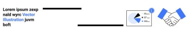 Üzerinde turta grafiği ve dolar sembolü olan bir veri tablosunun yanında tokalaş. İş, ortaklık, takım çalışması, mali başarı, işbirliği, şirket anlaşmaları, basit iniş sayfası için ideal