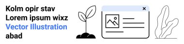 Toprakla filizlenen bitki, medya içeriğini gösteren tarayıcı penceresi ve soyut yaprak tasarımı. Çevre, teknoloji, sürdürülebilirlik, büyüme, dijital araçlar için ideal, basit iniş sayfası