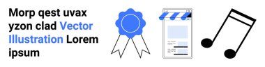 Tanınmak için mavi rozet, e-ticaret için içerik ve yaratıcılık için müzik notaları. Eğitim, ödüller, e-ticaret, tasarım, müzik, uygulama arayüzü için ideal basit iniş sayfası