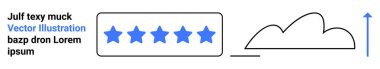 Beş yıldızlı derecelendirme çubuğu, bulut grafiği, yukarı doğru ok ve yer tutucu Lorem Ipsum. Geribildirim, veri analizi, büyüme, bulut teknolojisi, yükselen trendler iş istatistikleri için ideal