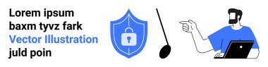 Kalkanda, veri koruması için kilitlenmiş bir dizüstü bilgisayar üzerinde çalışan kişi. Çevrimiçi güvenlik, bilişim eğitimi, güvenli tarama, veri gizliliği, yazılım geliştirme, eğitim araçları, düz iniş sayfası için ideal