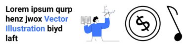 Bir dolar sembolü, müzik notası ve numune metni ile çevrelenmiş verileri gösterirken haritayı tutan kişi. Yaratıcılık, finans, eğitim, iletişim, müzik analizi için idealdir.