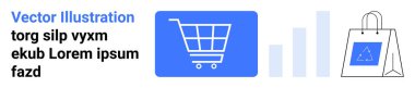 Alışveriş arabası ikonu, alışveriş torbası ve perakende satış, e-ticaret ve analizi temsil eden bar grafiği. Alışveriş, pazarlama, analitik, satış büyümesi için ideal sade iniş sayfası