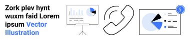 Ekran ve panoda grafikler, telefon ikonu, dolar işareti. Pazarlama, finans, takım çalışması, danışmanlık, analitik, telekomünikasyon için ideal basit iniş sayfası