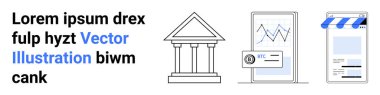 Banka binası görüntüsü, analitik gösteren akıllı telefon ve e-ticaret mağazası grafiği. Finans, bankacılık, çevrimiçi iş, ödeme sistemleri, yatırım, fintech basit iniş sayfası için ideal