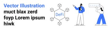 Merkezde DeFi etiketli engelleme düğümleri ağı, analiz ve belgeleme yapan iki profesyonel. Engelleme zinciri, teknoloji, finans, işbirliği, yenilik, eğitim, basit iniş sayfası için ideal