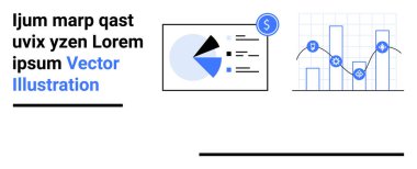 Pasta grafiği, çizgi eğilimli bar grafiği, güvenlik, dişli ve dolar işareti simgeleri. Ticari veri analizi, finans, strateji, güvenlik kavramları için ideal takım çalışması ön panel sade iniş sayfası