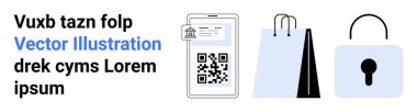 QR kodlu akıllı telefon, alışveriş çantaları ve e-ticaret, güvenlik, dijital işlemler, perakende satış, ödeme geçitlerini temsil eden kilit simgesi. Finans ve siber güvenlik için ideal minimum mobil uygulamalar basit