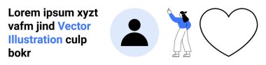 Kullanıcı simgesi ve cesur kalp şekli yakınındaki yer tutucu metne yönelik soyut karakter işaretleri. Kullanıcı profili, sosyal bağlantı, yaratıcılık, tasarım unsurları, beyin fırtınası, iletişim, basit