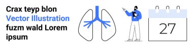 Akciğer diyagramı, mavi-beyaz açıklayan kişi, kağıt takvim 27. Sağlık hizmetleri, sağlık programları, eğitim, solunum sağlığı, kampanyalar, kontrol listeleri için ideal