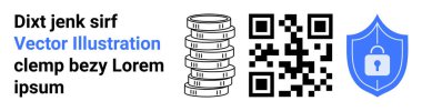 Yığılmış sikkelerin yanında QR kodu ve kilit ikonlu kalkan dijital güvenlik, çevrimiçi işlemler ve teknolojiyi simgeler. Fintech, engelleme zinciri, e-ticaret, siber güvenlik, kimlik doğrulama için ideal