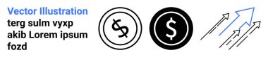 Dolar para birimi sembolleri içerideki daireler ve oklar ekonomik büyüme, mali başarı, gelir artışı, yatırım stratejisi, iş planlaması, yükselen eğilimi temsil ediyor.