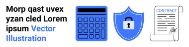 Hesap makinesi, kilitli bir kalkan, finans, veri güvenliği ve yasal güvenceyi vurgulayan imzalı bir sözleşme. Finans, siber güvenlik, sigorta, yasal hizmet uyum anlaşmaları için ideal