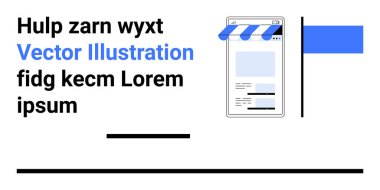Mobil aygıt, mağaza önü tasarımı ile çevrimiçi bir depo sayfası görüntülüyor. Siyah çizgiler ve mavi şekiller düzeni çerçeveler. E-ticaret, web tasarımı, UIUX, alışveriş, pazarlama, dijital perakende için ideal
