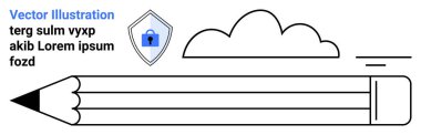Silgiyle kalem, asma kilitle kalkan ve yaratıcılığı, veri güvenliğini ve bulut deposunu simgeleyen bulut çizgisi. Eğitim, siber güvenlik, tasarım, teknoloji veri yazımı için ideal