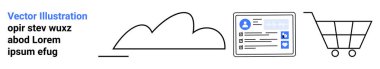 Bulut, dijital kullanıcı profili kartı, alışveriş arabası simgeleri bulut hizmetlerini, kullanıcı yönetimini, dijital kimliği, e-ticareti, çevrimiçi alışverişi, veri görselleştirmesini temsil eder. Kullanıcı yolculukları için ideal basit