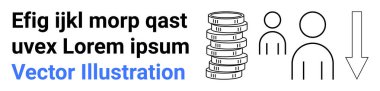 Yığınla bozuk para, iki soyut insan ve aşağı doğru bir ok. Finans, ekonomi, tasarruf, yatırım bütçesi eşitsizliği ve basit bir iniş sayfası için ideal. Çizgi benzetmesi. Basit satır simgeleri