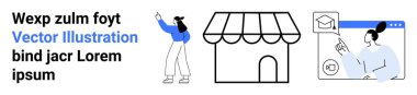 Kadın gösterimi, mağaza simgesi ve sanal sınıf arayüzü. E-ticaret, öğrenim, dijital iş, eğitim, pazarlama, iletişim için ideal basit iniş sayfası