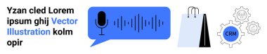 Ses dalgası sohbet balonlu mikrofon, alışveriş torbaları ve CRM metinli vites simgesi. İletişim, perakende, müşteri yönetimi, otomasyon, pazarlama, yapay zeka teknolojisi sade iniş sayfası için ideal