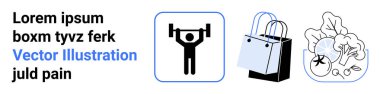 Halter ikonu, alışveriş poşetleri, fitness, perakende, sağlık, sürdürülebilirlik, aktif yaşam tarzı e-ticareti temsil eden taze sebzeler. Fitness için ideal sağlık blogları sürdürülebilirlik sağlar