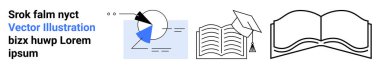 Veri noktaları olan pasta tablosu, mezuniyet şapkalı açık bir kitap ve açık bir kitap daha. Eğitim, analitik, araştırma, yenilik, akademik başarı için ideal basit bir iniş sayfası