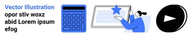 Bir kadın, belge üzerinde bir yıldız, mavi hesap makinesi ve siyah oynatma tuşu seçiyor. Eğitim, finans, üretkenlik araçları, medya, değerlendirmeler, basit iniş sayfaları için ideal