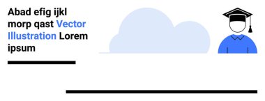 Soyut bulut ve yer tutucu metnin yanında şapka takarak mezun ol. Eğitim, öğrenme, çevrimiçi kurs, mezuniyet, akademik başarı, kariyer rehberliği, basit iniş sayfası için ideal