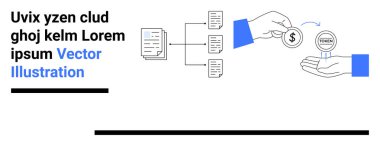Dijital bir iş akışına bağlı belgeler, el değiştiren para jetonları. Finans, teknoloji, dosya paylaşımı, otomasyon, dijital işlemler, üretkenlik araçları, basit iniş sayfası için ideal